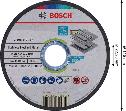 Disque à tronçonner Bosch pour acier inoxydable et métaux 115 mm.